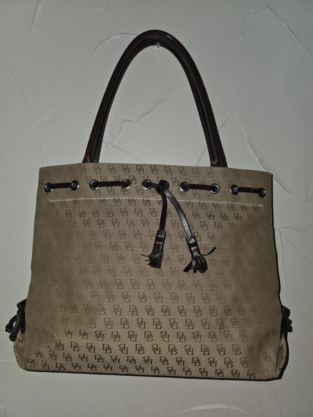 Dooney & Bourke Tan Monogram Tote with Brown Leather Trim